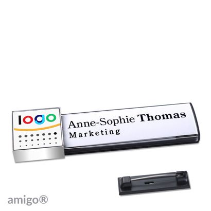 Name badges amigo® alu-print magnet anthracite  | Stainless steel pin  | square  | chrome  | white 