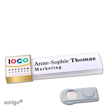 Name badges amigo® alu-print magnet white  | smag® Magnet  | square  | gold  | silver 
