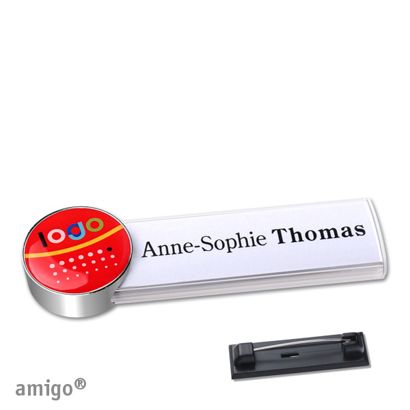 Name badges amigo® doming stainless steel pin white  | circle  | chrome  |  