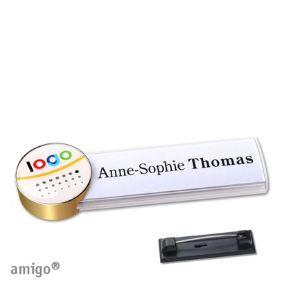 Name badges amigo® doming stainless steel pin white  | circle  | gold  |  