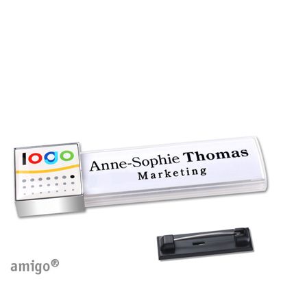 Name badges amigo® doming stainless steel pin white  | square  | chrome  |  