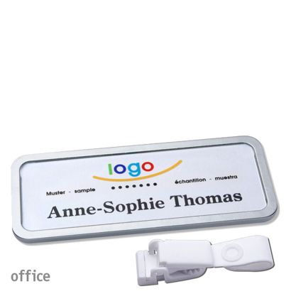 Jmenovky office quick-print se závěsným klipem 75 x 27 mm  | ušlechtilá ocel  | Závěsný klip bez obsahu kovu 