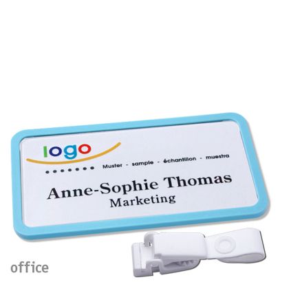 Jmenovky office quick-print se závěsným klipem 75 x 37 mm  | pastelová modrá  | Závěsný klip bez obsahu kovu 