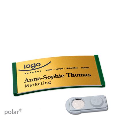 Name badges polar® alu-complete magnet 65 x 30 mm  | green  | gold  | smag® Magnet 