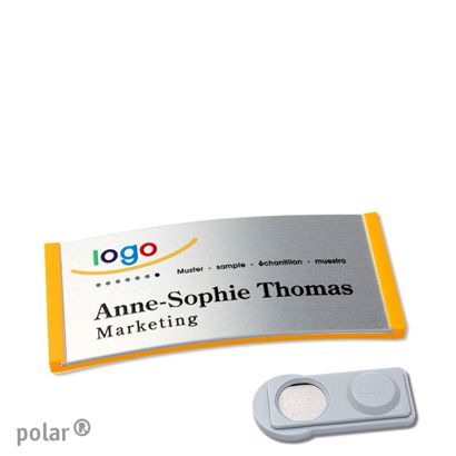 Jmenovky polar® alu-complete, magnet 65 x 30 mm  | žlutá  | stříbrná  | Magnet smag® 
