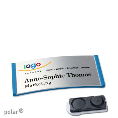 Jmenovky polar® alu-complete, magnet 65 x 30 mm  | středně modrá  | stříbrná  | Magnet smag®, extra silný 
