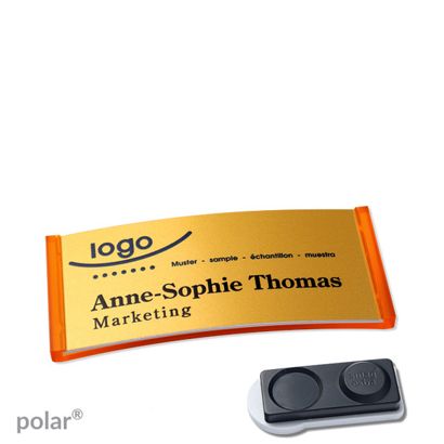 Jmenovky polar® alu-complete, magnet 65 x 30 mm  | průsvitné provedení|oranžová  | zlatá  | Magnet smag®, extra silný 