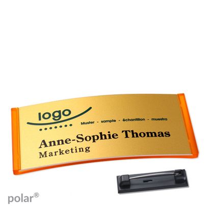 Jmenovky polar® alu-complete se špendlíkem 74 x 34 mm  | průsvitné provedení|oranžová  | zlatá 
