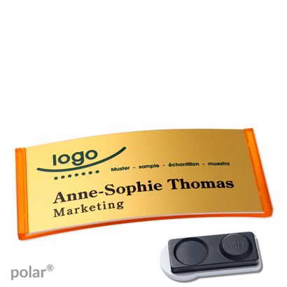 Jmenovky polar® alu-complete, magnet 74 x 34 mm  | průsvitné provedení|oranžová  | zlatá  | Magnet smag®, extra silný 