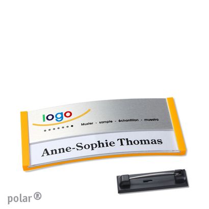 Name badges polar® alu-print Stainless steel pin 65 x 30 mm  | yellow  | silver 