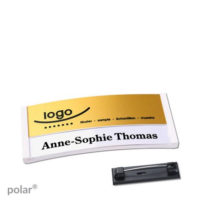 Jmenovky polar® alu-print se špendlíkem 65 x 30 mm  | bílá  | zlatá 