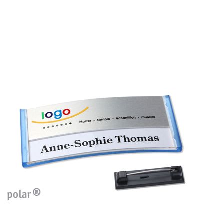 Jmenovky polar® alu-print se špendlíkem 65 x 30 mm  | průsvitné provedení|modrá  | stříbrná 