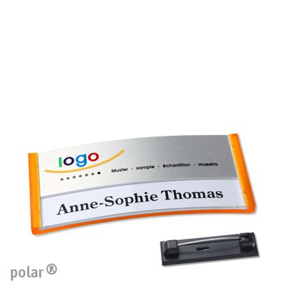 Jmenovky polar® alu-print se špendlíkem 65 x 30 mm  | průsvitné provedení|oranžová  | stříbrná 