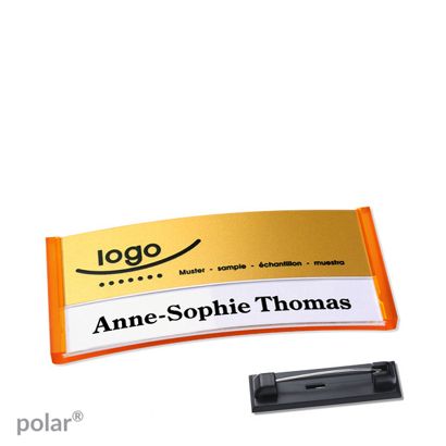 Jmenovky polar® alu-print se špendlíkem 65 x 30 mm  | průsvitné provedení|oranžová  | zlatá 