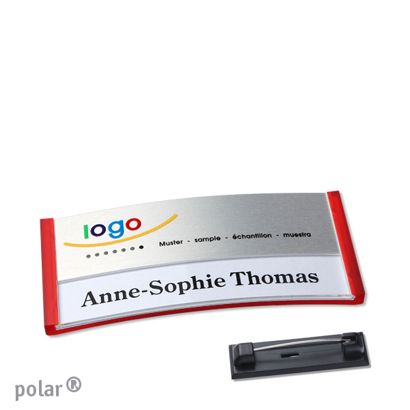 Jmenovky polar® alu-print se špendlíkem 65 x 30 mm  | průsvitné provedení|červená  | stříbrná 