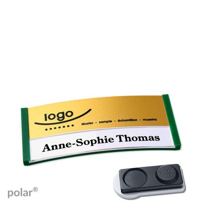 Name badges polar® alu-print magnet 65 x 30 mm  | green  | gold  | smag® magnet, extra strong 
