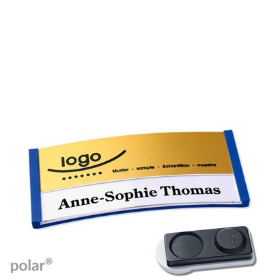 Name badges polar® alu-print magnet 65 x 30 mm  | blue  | gold  | smag® magnet, extra strong 