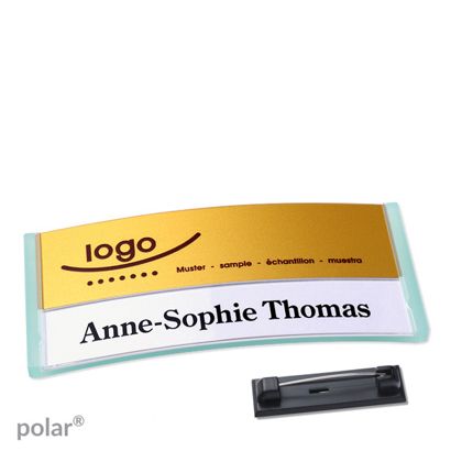 Jmenovky polar® alu-print se špendlíkem 74 x 34 mm  | průsvitné provedení|zelená  | zlatá 