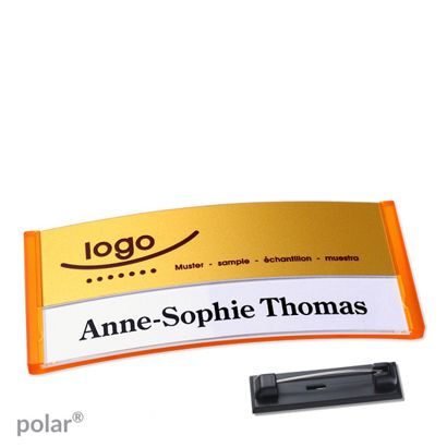Jmenovky polar® alu-print se špendlíkem 74 x 34 mm  | průsvitné provedení|oranžová  | zlatá 